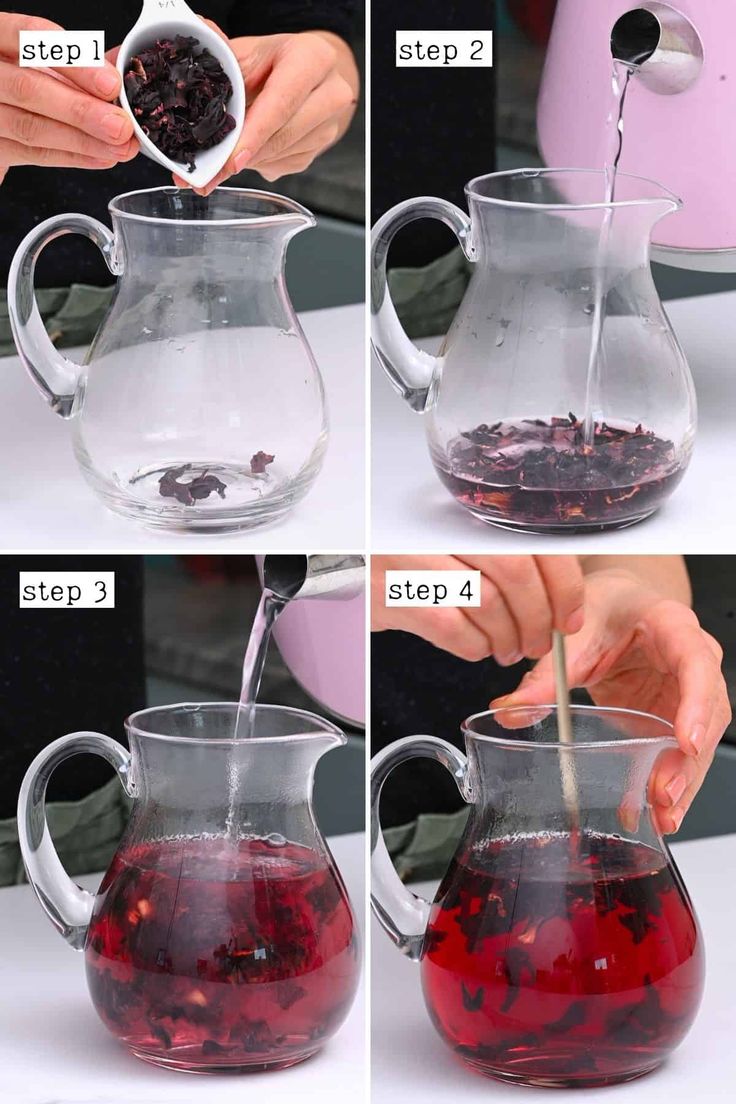 four pictures showing how to make red liquid in a pitcher