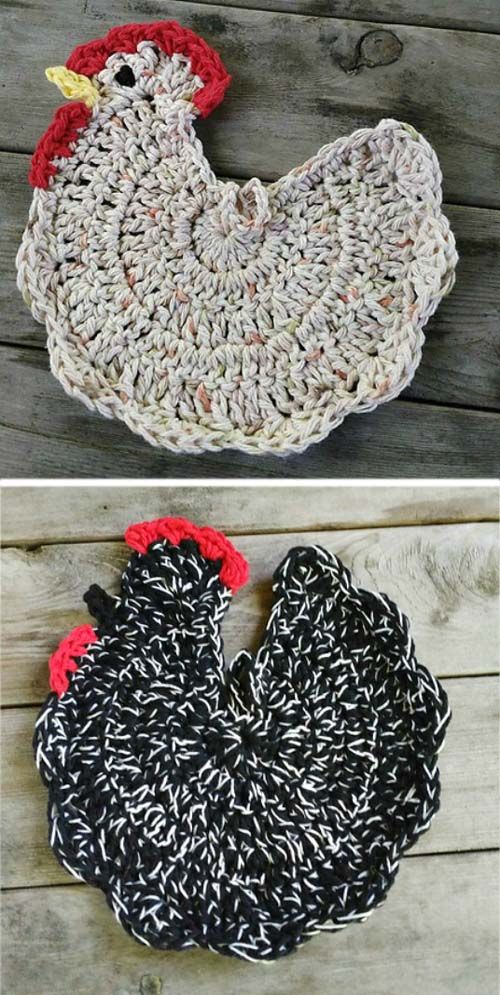 two pictures of different types of crocheted hats on wooden boards, one is black and the other is white