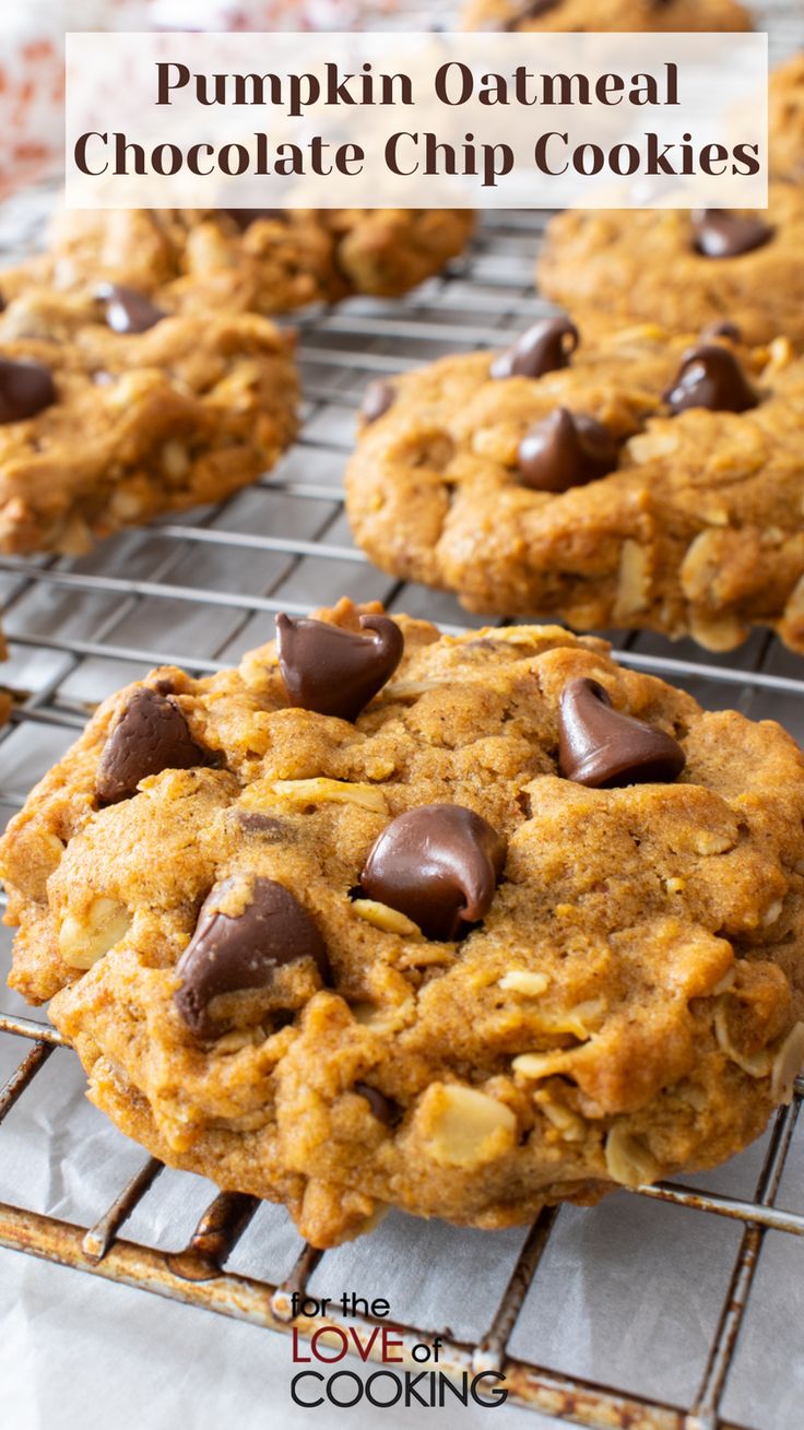 pumpkin oatmeal chocolate chip cookies cooling on a rack with text overlay