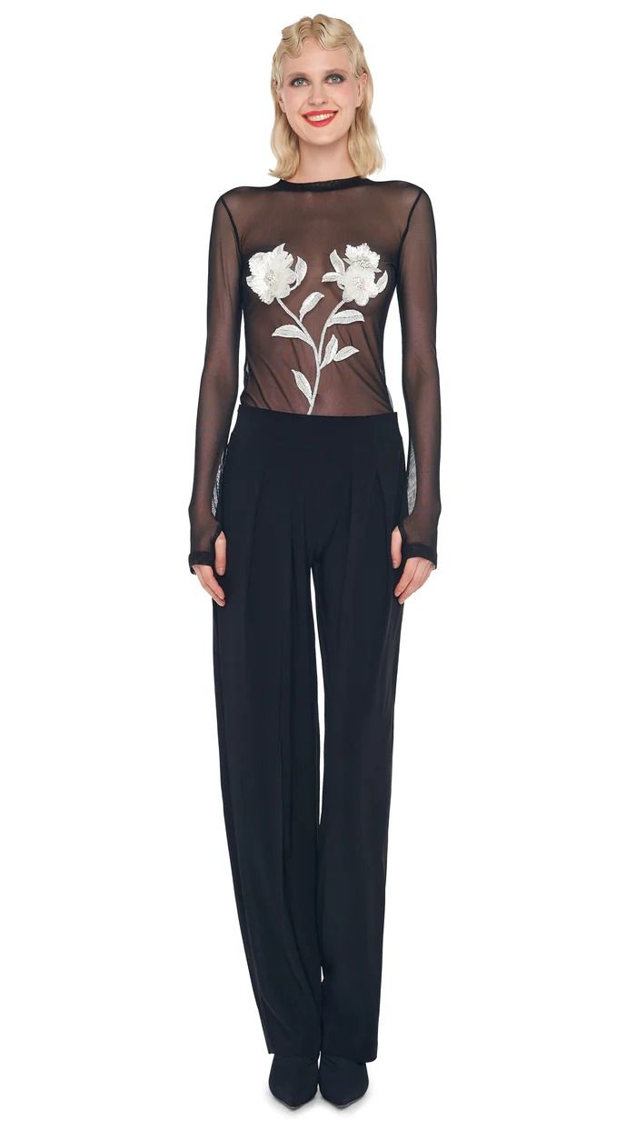 FLORAL EMBROIDERY TOP – Black/Snow White – Norma Kamali Fitted Floral Applique Top For Parties, Elegant Long Sleeve Tops With Floral Applique, Elegant Floral Embroidered Crew Neck Top, Elegant Crew Neck Top With Floral Embroidery, Floral Embroidery Top, Elephant Pants, Fringe Top, Embroidery Top, Norma Kamali