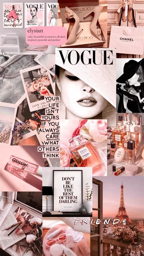 the collage shows different types of fashion and beauty items, including perfumes, cosmetics bottles