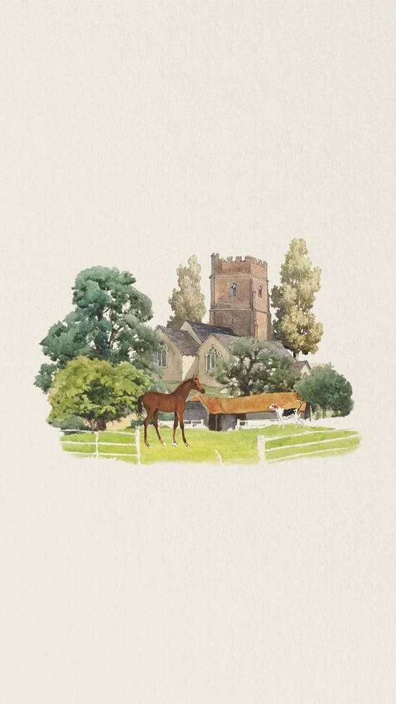 a drawing of a horse standing in front of a building with trees and grass around it