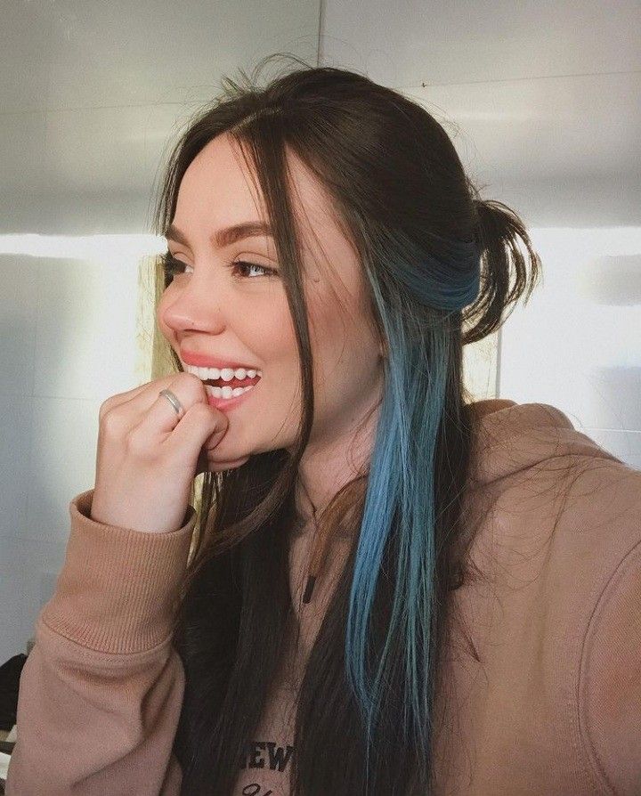 Hair Color For Side Part, Under Streaks Hair, Hair Coloring Underneath, Subtle Blue Highlights In Brown Hair, Edge Hair Color, Peekaboo Colored Hair, Dark Brown Hair With A Pop Of Color, Blue Under Highlights, Under Pieces Dyed Hair