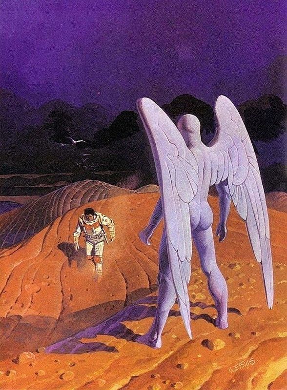 an angel standing on top of a desert next to a man in space suit and helmet