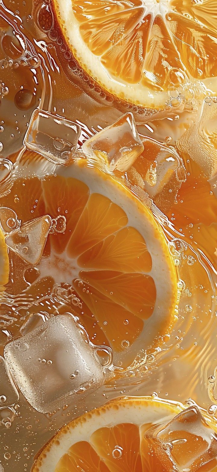 orange slices and ice cubes with water splashing around them on top of each other