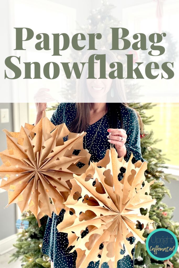 a woman holding up paper snowflakes in front of a christmas tree with the words paper bag snowflakes on it