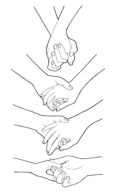 four hands reaching out towards each other in the same direction, with one holding another's hand