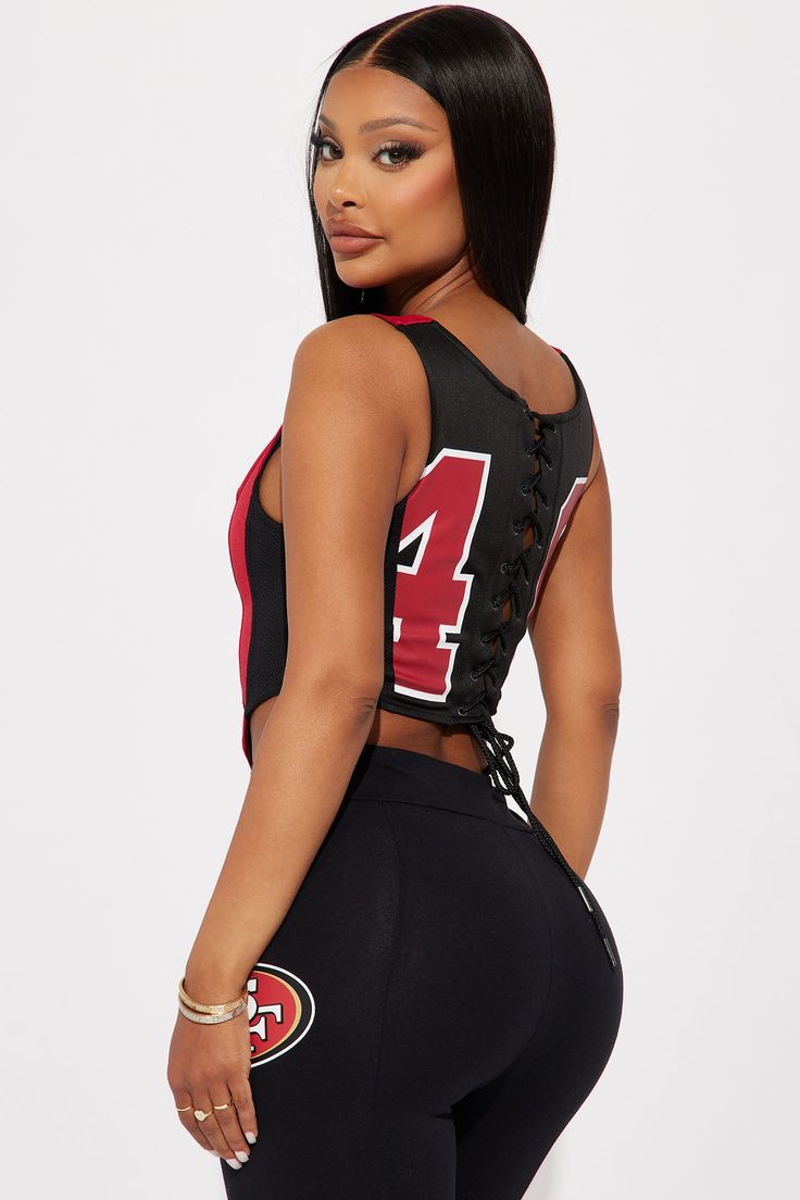 Available In Red/Black. Corset Square Neck Sleeveless 49ers Graphic Front And Back Screen Lace Up Back Cropped Disclaimer: Due To The Printing Process A Difference In Saturation May Occur. Each Garment Is Unique. Shell: 100% Polyester Lining: 95% Polyester 5% Spandex Imported | 49ers Halftime Show Corset Top in Red/Black size XS by Fashion Nova Glam Closet, Halftime Show, Fashion Nova Models, Black Love Art, Black Corset, Casual Chic Outfit, Happy Heart, Chic Outfit, Black Beauty