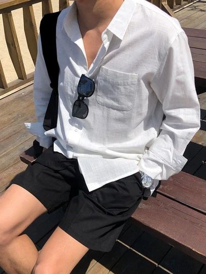 French Summer Outfits Men, White Polo Long Sleeves Outfit Men, White Longsleeves Outfit For Men, Outfit Camisa Branca, Polo Long Sleeve Outfit Men, Longsleeves Outfit Men, Camisa Blanca Outfit, Kemeja Outfit, White Shirt Outfit For Men