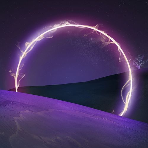 an artistic photo of a purple circle with lightning streaks in the sky over a hill