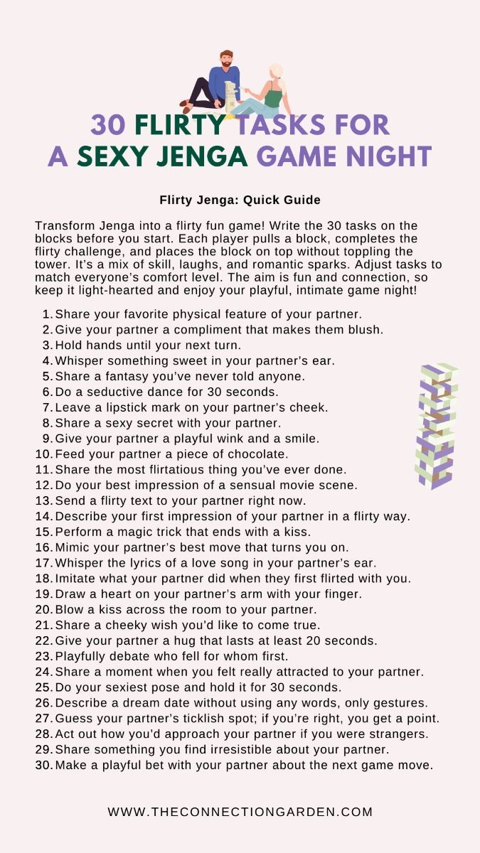 Spice up your game night with these 30 Flirty Tasks for a Sexy Jenga Game, designed to add a playful and intimate twist to your evening. Each block you pull comes with a fun, flirtatious challenge that promises to bring laughter, connection, and a touch of sensuality to your time together. Perfect for couples looking to experiment with their playful side and explore new dimensions of their relationship. Dive into these enticing tasks and turn a simple game night into an unforgettable experience. Visit our website to discover more flirty surprises and tips. #FlirtyGames #SexyJenga #CouplesFun❓#LoveStory #RomanticEncounters #HeartfeltConnections #DateNightIdeas #SoulmateSearch #FlirtyFridays #CandlelitDinners #StarryEyedMoments #LoveQuotes #DreamyDates #WhisperedPromises #AmourAdventures Cute Intimate Date Ideas, Intimate Game Ideas, Couples Jenga Questions, Couple Jenga, Couples Game Night Ideas, Spicy Games For Couples, Drinking Games For Couples, Fun Couple Games, Couples Games