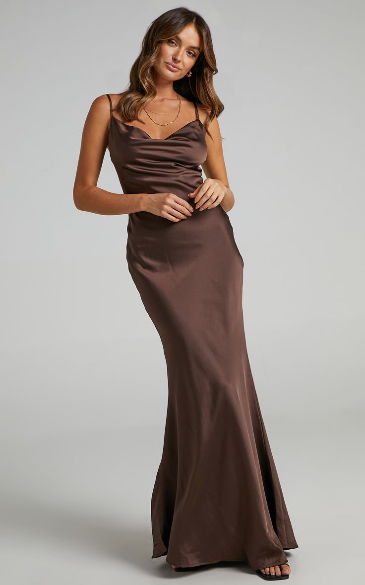 Lunaria Cowl Neck Maxi Dress in Chocolate Satin | Showpo USA Brown Satin Prom Dress, Shades Of Brown Bridesmaid Dresses, Chocolate Brown Bridesmaid Dress, Brown Prom Dress, Chocolate Bridesmaid Dresses, Brown Satin Dress, Brown Slip Dress, Brown Dresses Formal, Fall Bridesmaid