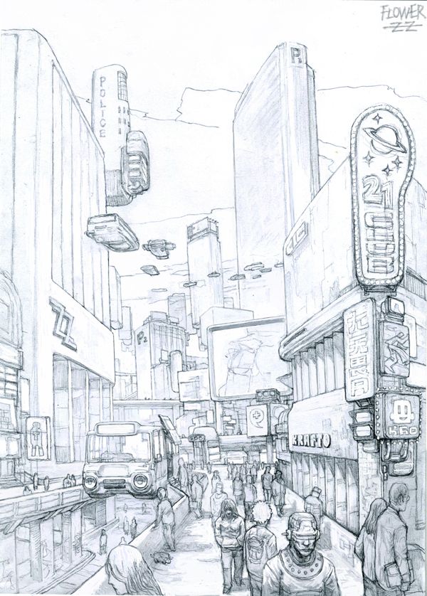 a pencil drawing of people walking down a street in the middle of a city with tall buildings