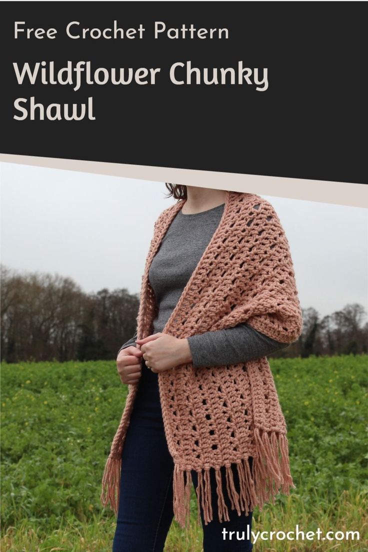 the free crochet pattern for a wildflower chunk shawl is available in two sizes