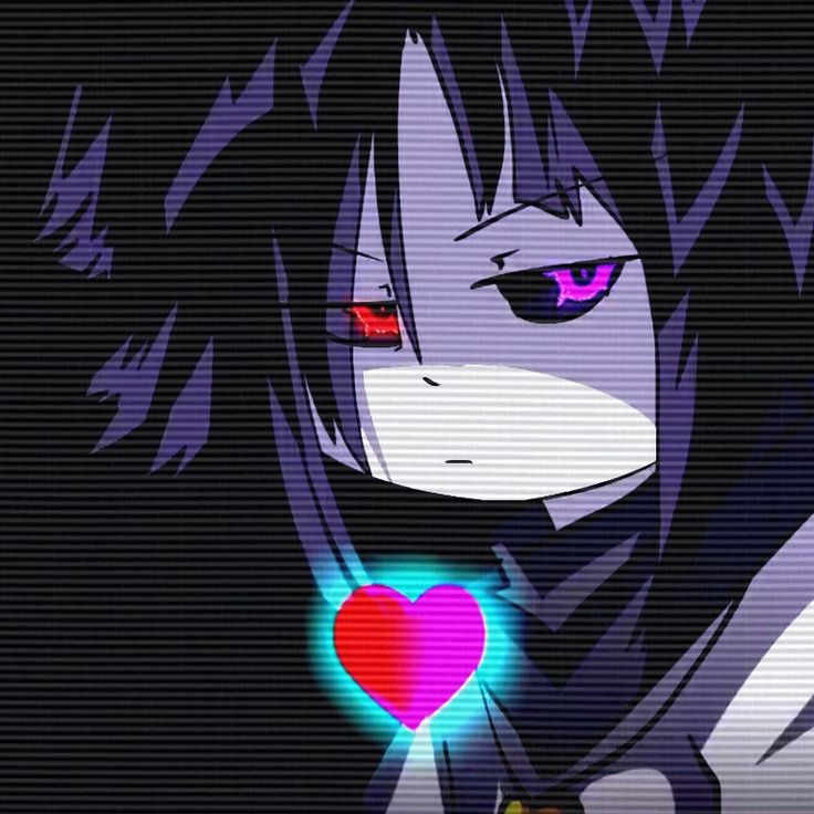 an anime character holding a heart in his hand with red eyes and long black hair