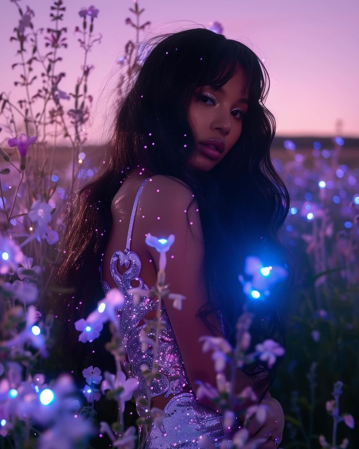 a woman with long hair and blue eyes standing in a field of flowers at night