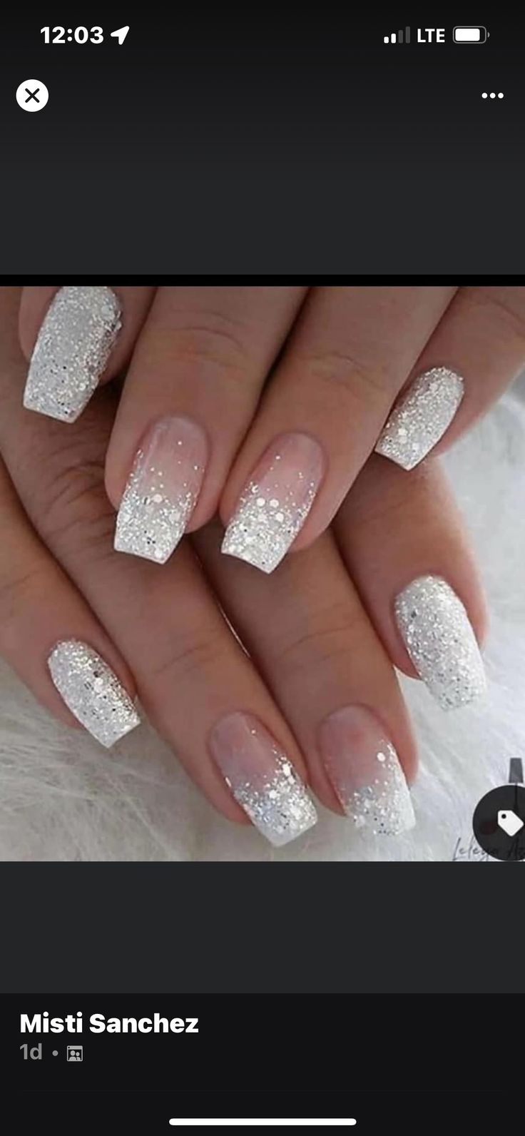 Wedding Nails Natural, Prom Nails White, Silver Prom Nails, White Sparkle Nails, Bachelorette Nails, Silver Sparkle Nails, Anniversary Nails, Simple Wedding Nails, Blue Prom Nails