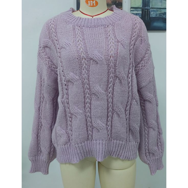 Purple Solid Knitted Cut Out Crew Neck Sweater Purple Knitted Sweater For Fall, Long Sleeve Soft Knit Acrylic Sweater, Purple Knit Sweater For Winter, Purple Knit Winter Sweater, Casual Acrylic Yarn Outerwear For Winter, Winter Purple Knit Sweater, Casual Fall Acrylic Knitting Pattern, Casual Acrylic Yarn Winter Outerwear, Casual Long Sleeve Knitting Pattern For Cold Weather