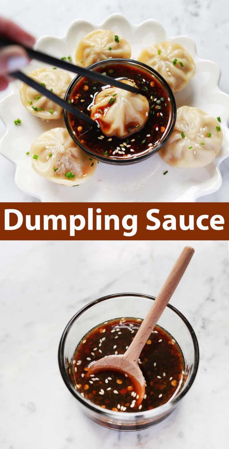 dumpling sauce in a small glass bowl with a spoon next to it and on a white plate