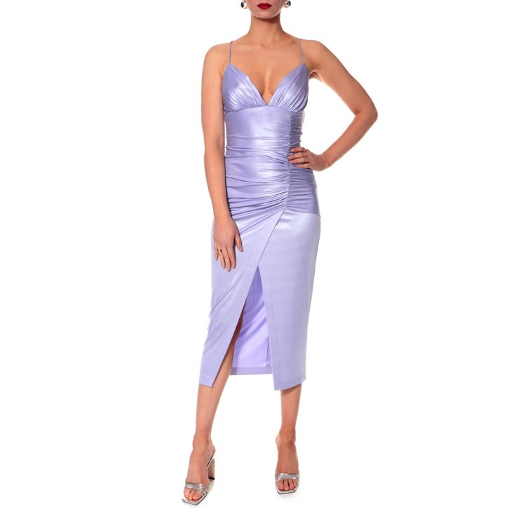 Tessa Lavender Pearl Midi Dress | Aggi | Wolf & Badger Purple Fitted Midi Evening Dress, Fitted Lavender Dress For Gala, Fitted Purple Midi Dress For Evening, Purple Satin Midi Dress For Party, Purple Satin Midi Dress For Cocktail, Lavender Ruched Dress For Party, Lavender Fitted Evening Dress, Fitted Lavender Evening Dress, Spring Gala Sheath Midi Dress