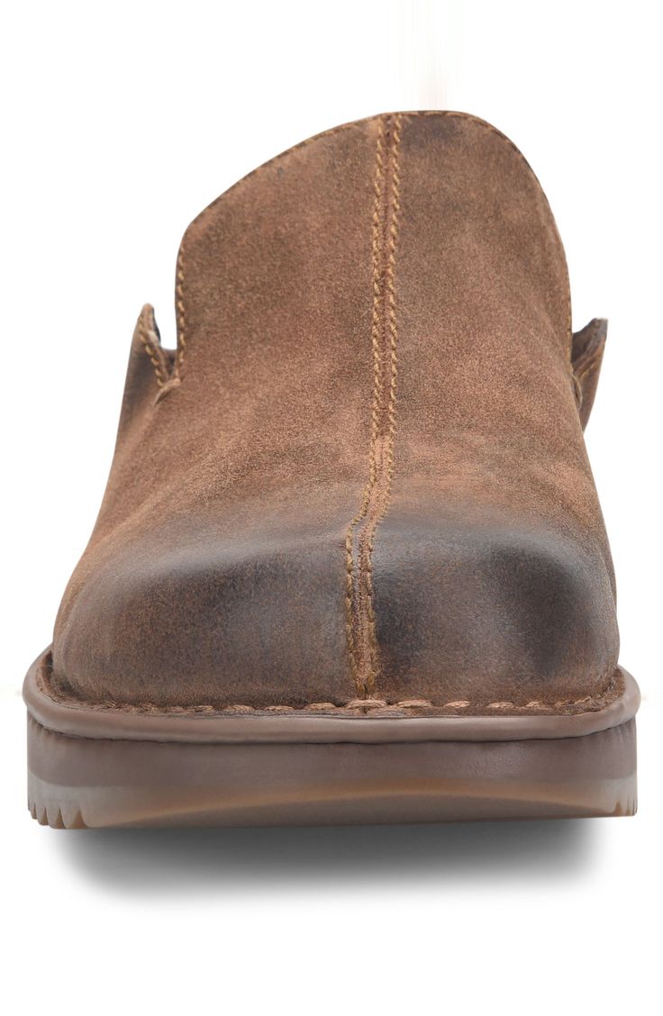 Heavy topstitching outlines a roomy round toe mule that is handcrafted with a high-traction rubber sole to ensure comfort and quality season after season. Removable comfort insole Leather upper/textile lining/rubber sole Imported Comfortable Brown Plain Toe Slip-ons, Brown Leather Slip-ons With Cushioned Footbed, Casual Brown Slippers With Textured Sole, Comfortable Slip-ons With Leather Footbed And Almond Toe, Slip-on Clogs With Rubber Sole And Plain Toe, Leather Slippers With Flat Heel For Fall, Casual Brown Mules With Textured Sole, Comfortable Brown Slip-ons With Leather Footbed, Leather Closed Toe Outdoor Loafers