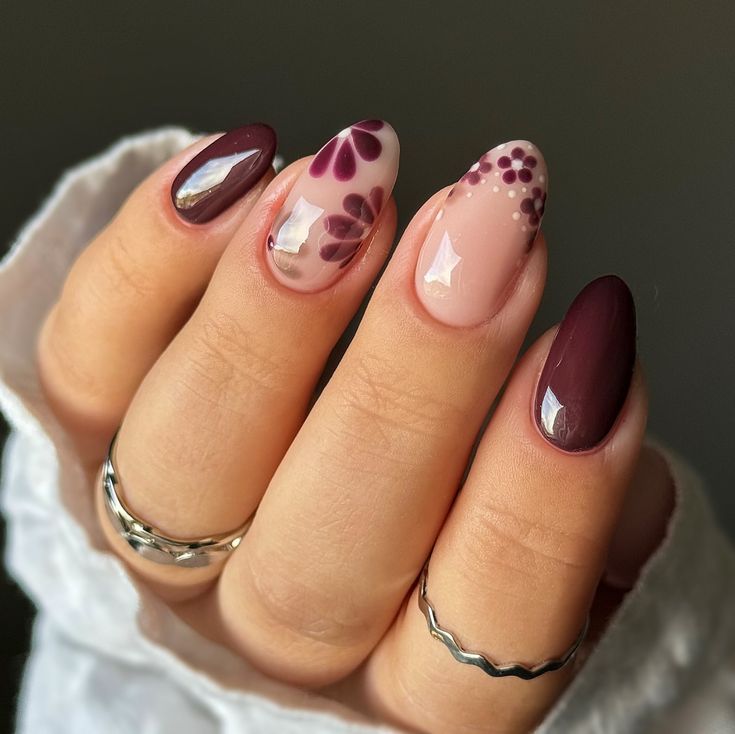 BY JESS NAIL ARTIST | Autumnal florals 🤎🌸 @nailorder Dura Gel @magpie_beauty Cherry Pie Mrs Mulberry Tweedle Dee Cat Got The Cream @nails_luxeofficial… | Instagram Autumnal Nails Biab, Burgundy Floral Nails, Mulberry Nails, Berry Nails, Plum Nails, Wine Nails, Tweedle Dee, Sunflower Nails, Maroon Nails