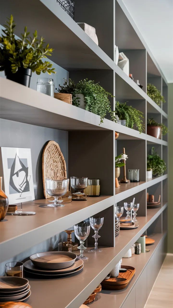 the shelves in this dining room are filled with plates and glasses