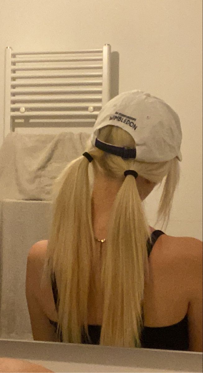 Gym Hairstyles Pics, Hat With Pigtails Hair, Hairstyles For Work With Hat, Tennis Visor Hairstyles, Hairstyles With Hats For Work, Work Hairstyles With Hat, Work Hat Hairstyles, Cute Visor Hairstyles, Pigtails With Hat