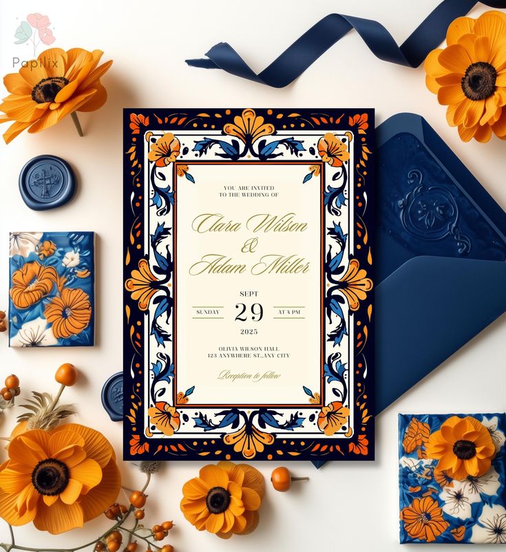 an orange and blue wedding suite with flowers on the table next to some other items