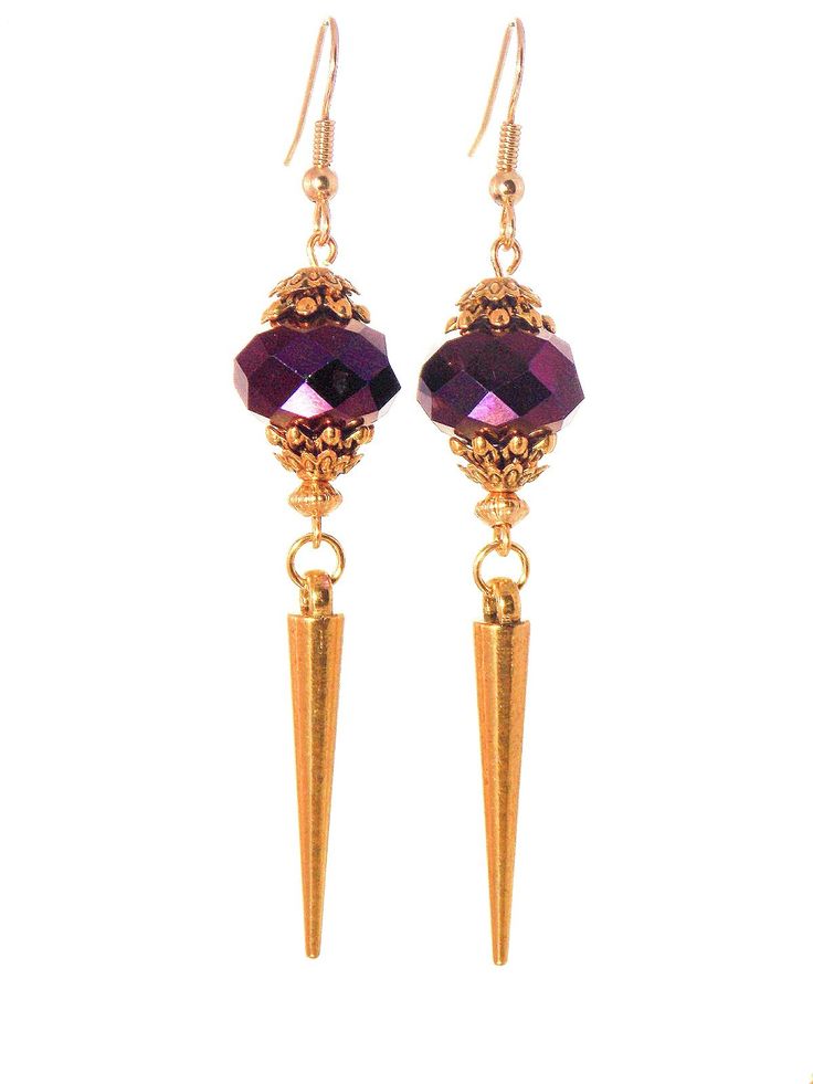 Amethyst Glass Faceted Gold Spike Dangle Statement Earrings Clip On Optional Faceted Dangle Earrings For Party, Faceted Crystal Earrings For Party, Metal Earrings With Faceted Beads For Party, Party Drop Earrings With Faceted Beads, Head Pins, Hypoallergenic Earrings, Earring Hooks, Bead Caps, 22k Gold