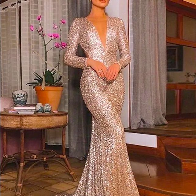 Mermaid/Trumpet Open Back Sequence Formal Evening Dress Long Sequin Dress, Rose Gold Sequin, Party Kleidung, Long Sleeve Gown, Mini Robes, Maxi Robes, Evening Party Dress, Formal Party, Mermaid Prom Dresses