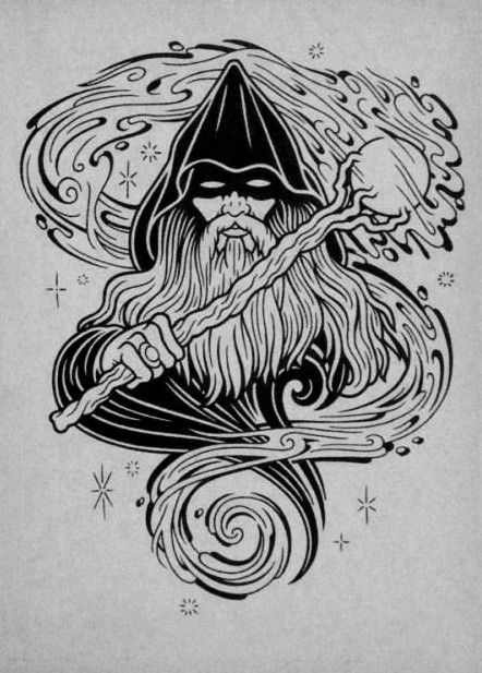 a black and white drawing of an old wizard