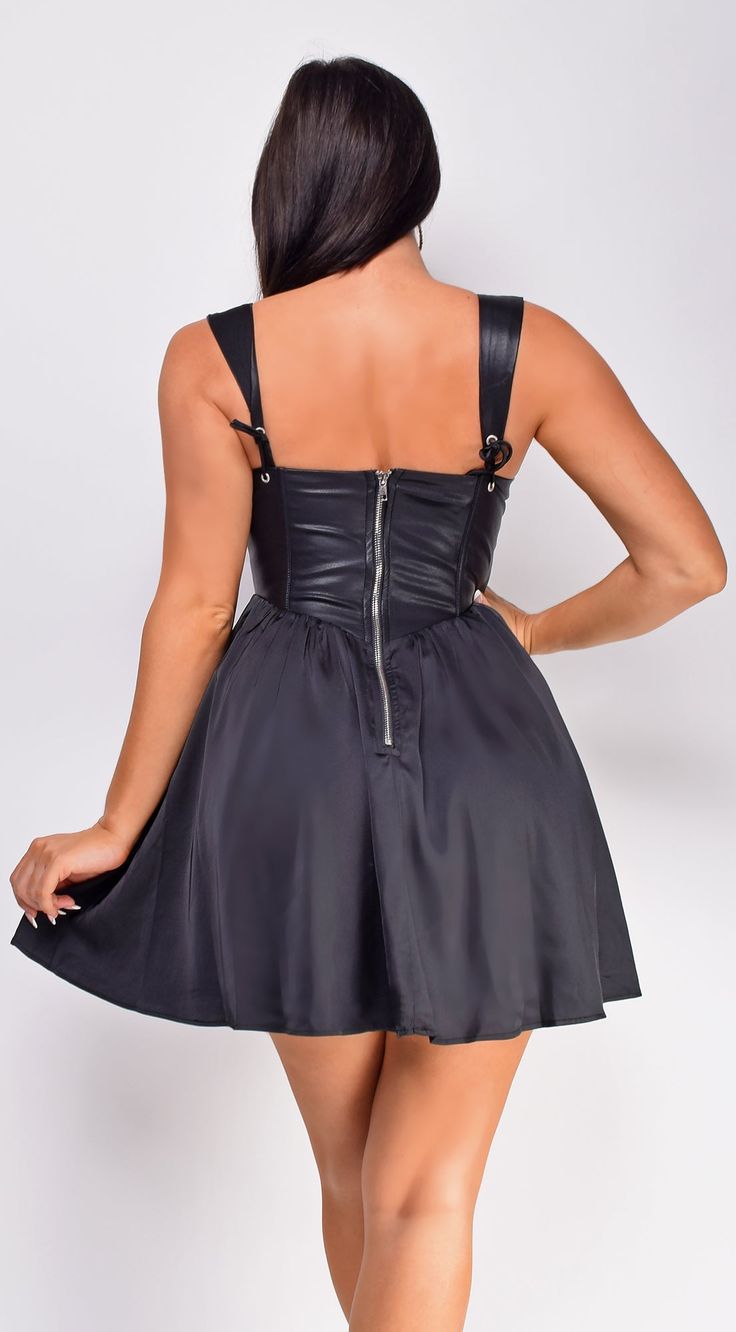 Mini length dress Satin bodice Back zipper closure Corset design 95% Polyester, 5% Spandex Model's height: 5'6" Model is wearing size S Fitted A-line Dress With Invisible Zipper, Fitted Knee-length Dress With Side Zipper, A-line Dress With Back Zipper For Date Night, A-line Dress With Corset Back For Night Out, Gothic A-line Mini Dress For Night Out, Gothic Knee-length Mini Dress For Night Out, Stretch Mini Dress With Back Zipper, Gothic Fitted Mini Dress For Date Night, Fit And Flare Mini Dress With Back Zipper