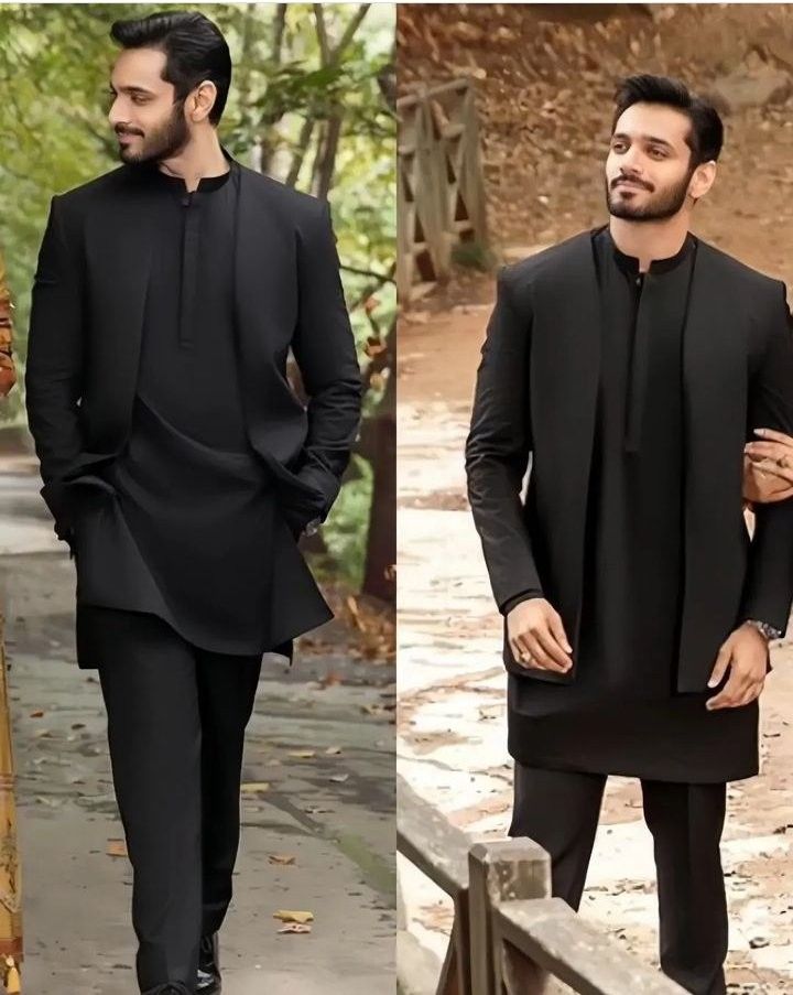 Indian Outfit Men Wedding, Wahaj Ali Outfits, Pakistani Wedding Dresses Men, Shadi Dresses For Boys, Stylish Kurta For Men Black, Wahaj Ali In Kurta Pajama, Designer Kurta For Men Fashion, Mens Nikkah Outfit Pakistani, Wahaj Ali Kurta Design