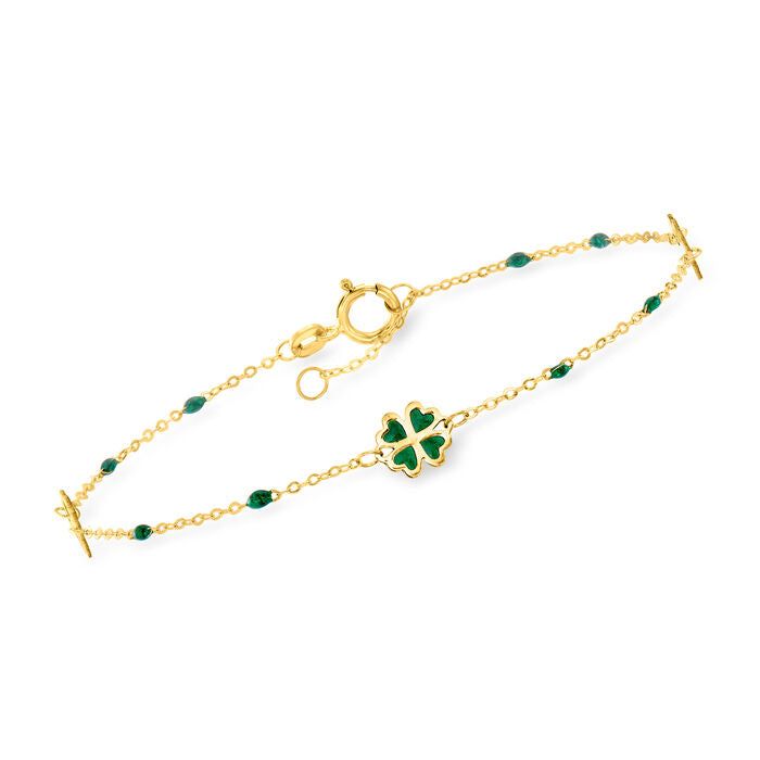 Lucky girl! Our stylish 14kt yellow gold bracelet features green-enamel clovers and tiny stations on a classic cable chain with a 1/2" extender. Made in Italy Choice of sizes-6.5" and 7.5" 1/2" Extender Approx .7 grams of gold Michael Michaud, Grit And Grace, Clover Bracelet, Southwest Jewelry, Italian Jewelry, Chain Extenders, Jewelry Photography, Yellow Gold Bracelet, Anklet Bracelet