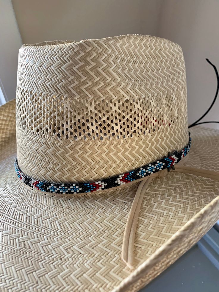 "Diamond hatband 1/4\" wide All bead work is beaded with 10lb extreme braided nylon line. All hat bands are finished at 23\" with glued than sewed down leather ends and an adjustable leather tie." Western Braided Hat Band For Festivals, Adjustable Braided Hat Bands For Rodeo, Adjustable Braided Hat For Rodeo, Braided Hat Bands For Festivals With Flat Brim, Adjustable Beaded Hat Bands For Rodeo, Adjustable Beaded Hat Bands For Country Events, Adjustable Braided Western Hat, Western Style Adjustable Braided Hat, Custom Adjustable Hat Bands For Festivals