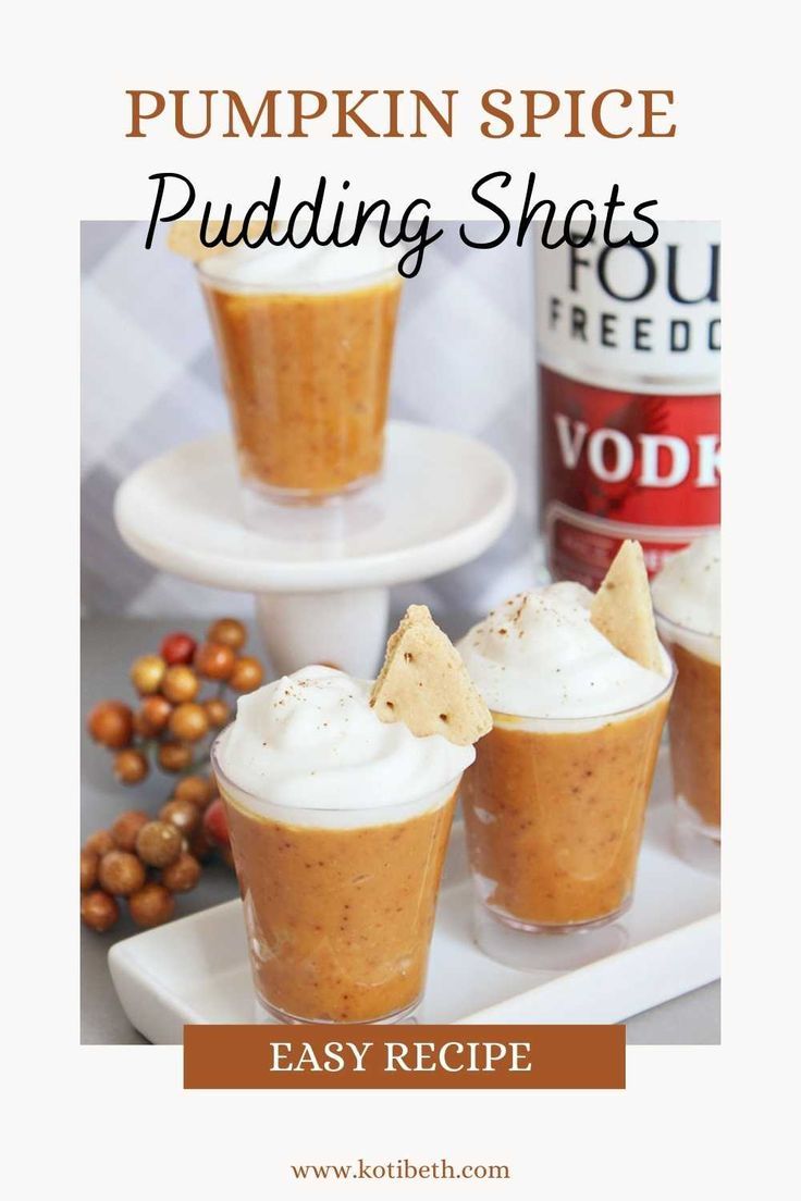 pumpkin spice pudding shots with whipped cream on top and cinnamon in the middle, sitting on a white plate