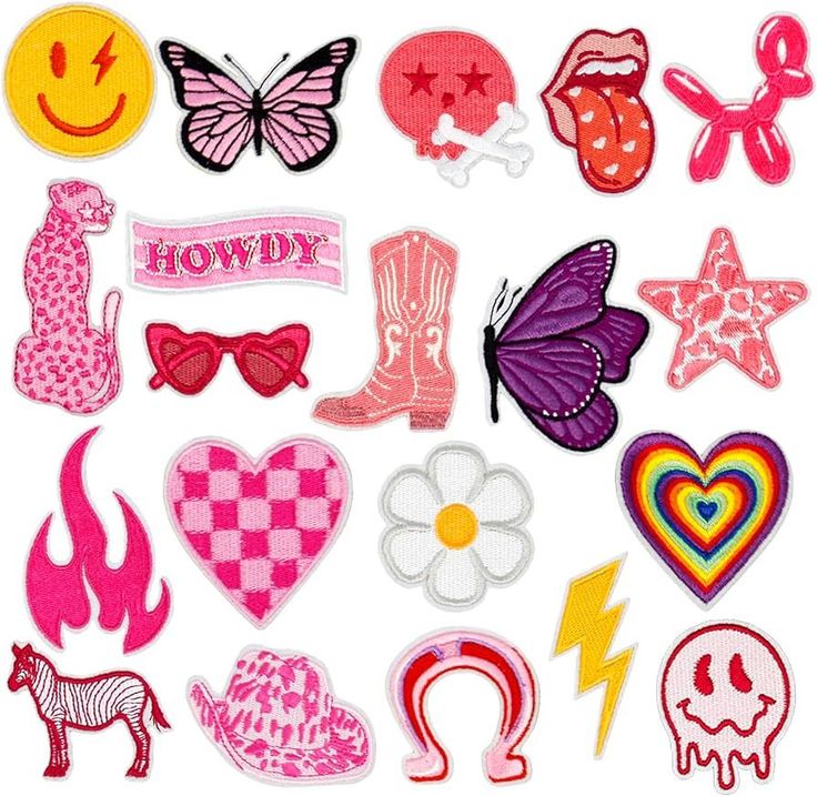 various patches with different designs and shapes on them, including hearts, flowers, butterflies, stars, and more