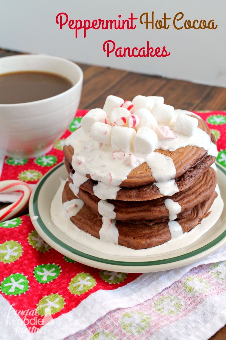 peppermint hot cocoa pancakes with marshmallows on top