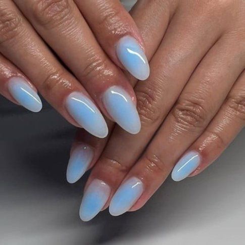 Looking for aura nails? These glowing aura nail designs and cosmic aura nail ideas are perfect for both elegant events or casual hangouts. #nailacrylic Ombre Nails Purple And White, Sky Blue Nails Almond Shape, Aura Nails Acrylic Short, Baby Blue Holiday Nails, Acrylic Nails Ombre Blue, Milky Aura Nails, Milky White Aura Nails, Periwinkle Almond Nails, Easy Aura Nails