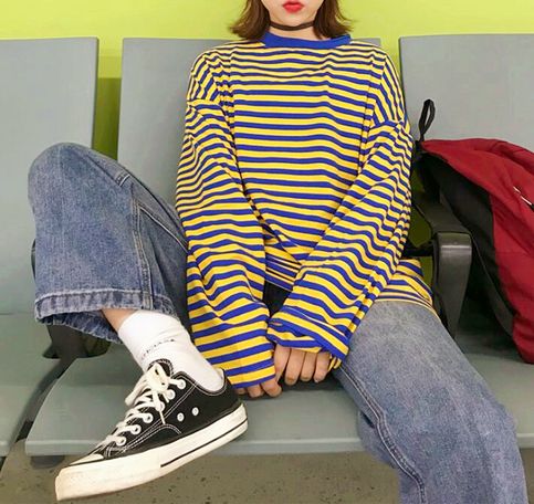 Yellow Blue Color Block Stripe T-shirt Alternative Fashion Colorful, Bright Clothes Aesthetic, Blue And Yellow Outfit Ideas, Smiley Face Outfit, Yellow And Blue Outfits, Yellow Blue Outfit, Bright Streetwear, Blue And Yellow Outfit, Hoco Themes