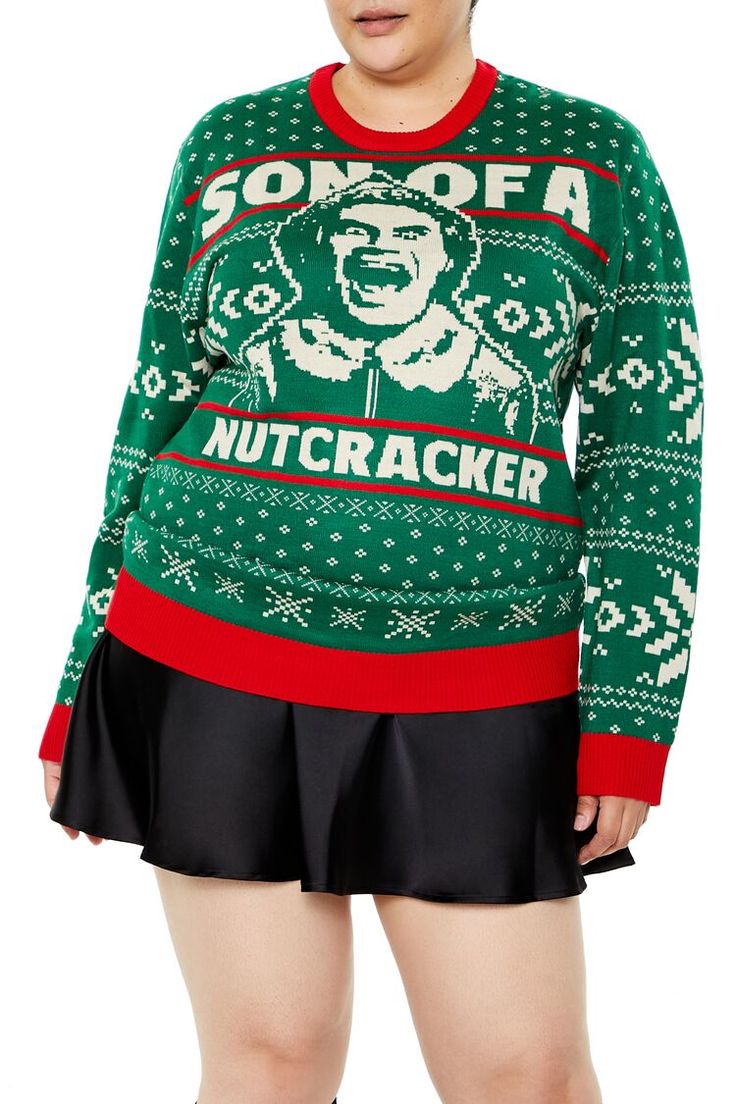 Forever 21+ - A knit sweater featuring front "Son Of A Nutcracker" text, Buddy the Elf graphic, allover Fair Isle pattern, long sleeves, contrasting trim, and a crew neck. | Officially licensed product | 100% acrylic | Machine wash cold | Model is 5'7" and wearing a Size 1X | Elf Son of a Nutcracker Sweater Nutcracker Sweater, Son Of A Nutcracker, Buddy The Elf, Contrasting Trim, Plus Size Outerwear, Fair Isle Pattern, The Elf, Outerwear Sweater, Contrast Trim