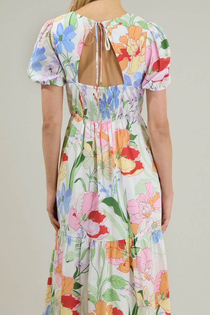 It's easy to fall in love with a look as cute as the Juliet Floral Garden Becca Tiered Maxi Dress! Pastel colorful florals overlay this midi dress with tiers. Short puff sleeves and a round neckline fall in place with an open back. It also has a smocked panel and tie in the back. You can add your white heels to go along this dress! - Puffed short sleeves- Pockets- Tiered- Smocked- Color: White MultiSize + Fit - Model is 5'8" and wearing size XS- Measurements taken from size S - Chest: 17"- Lengt Casual Multicolor Floral Dress For Garden Party, Spring Multicolor Floral Dress With Ditsy Print, Casual Multicolor Floral Dress With Smocked Back, Casual White Dress With Floral Patchwork, White Floral Patchwork Dress For Beach, White Beach Dress With Floral Patchwork, Multicolor Ditsy Floral Print Dress For Daywear, Spring Floral Print Dresses For Brunch, Multicolor Floral Dress With Smocked Back For Spring