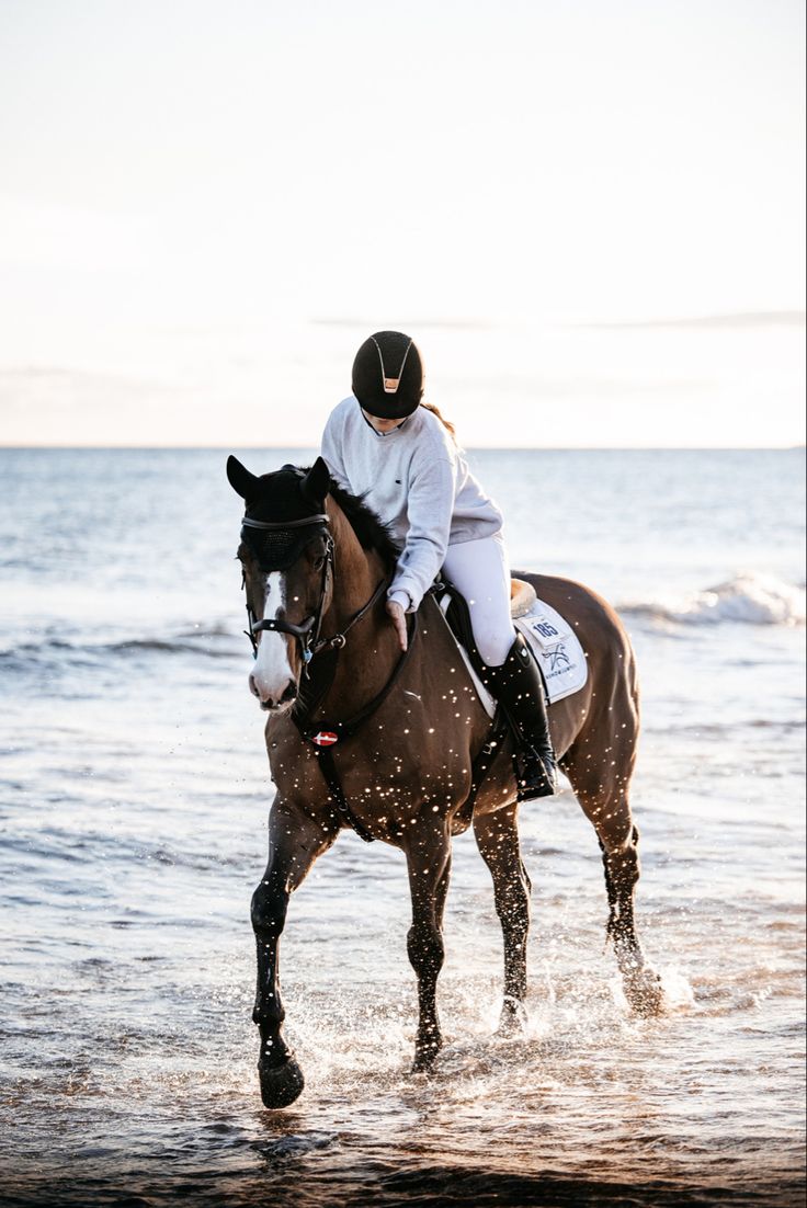 a person riding on the back of a brown horse through shallow water in front of an ocean