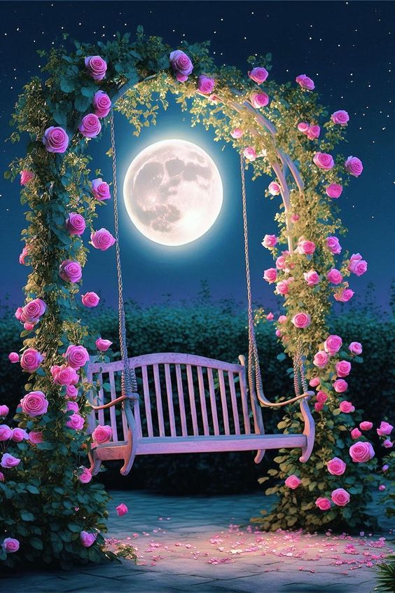 a white bench sitting under a full moon with pink roses on it's arbor