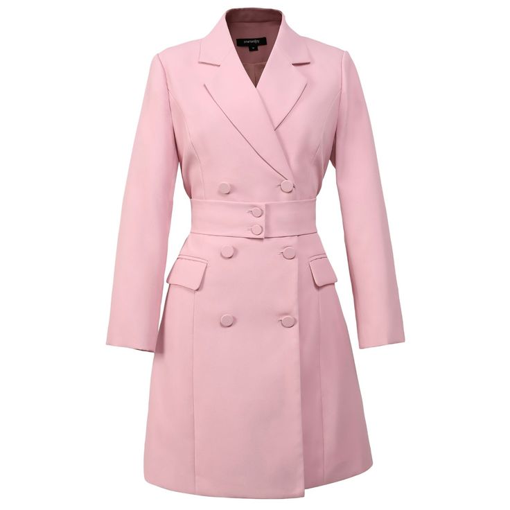 A timeless mid-season piece, this coat remains a safe and modern value. It is embellished here with flaps on the hips, a tailored collar, double buttoning and a wide buckled belt highlighting the waist. An item that is both chic and refined with many possibilities, a must-have for any wardrobe. To wear without moderation as soon as fall arrives. Main material: 100% Polyester. Lining: 100% Polyester.  Hand washing. Low ironing temperature / bleaching prohibited. Do not tumble dry. Luxury Long Sleeve Blazer Dress With Double Button, Luxury Long Coat Blazer For Office, Luxury Blazer Dress With Double-breasted Button Fastening, Luxury Blazer Dress With Lapel Collar And Double-breasted Buttons, Pink Notch Lapel Blazer Dress For Work, Luxury Spring Blazer Dress, Luxury Double-breasted Blazer Dress With Lapel Collar, Luxury Blazer Dress With Double-breasted Buttons And Lapel Collar, Luxury Winter Blazer Dress For Semi-formal Occasions