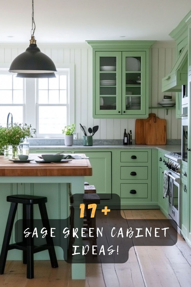 🌿 Craving A Kitchen Update? Click To Explore 17 Sage Green Kitchen Cabinet Designs That Bring A Breath Of Fresh Air Into Your Cooking Space. Discover How This Soft Hue Can Transform Your Kitchen! #SageGreenKitchen #KitchenUpdate #FreshAirCooking #SoftHueTransform #KitchenDesigns #HomeRenovation #DecorIdeas Sage Cabinets Kitchen, Sage Green Cabinet, Light Green Kitchen Cabinets, Green Kitchen Cabinet, Light Green Kitchen, Green Cabinet, Sage Kitchen, Sage Green Kitchen, Cabinet Designs