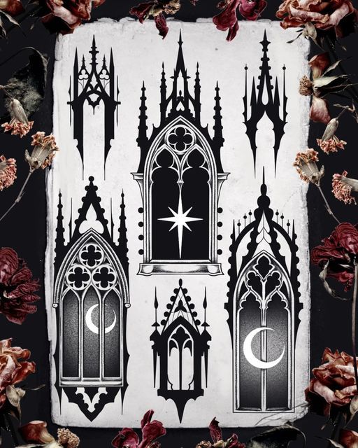 an image of gothic architecture and flowers