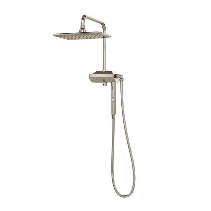 the shower head and handset are shown in stainless steel with an overhead hand showerhead