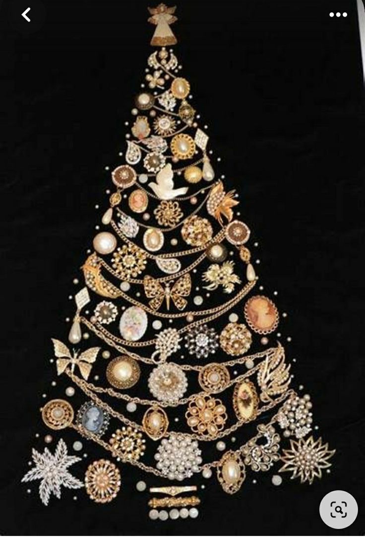 a christmas tree made out of different types of jewels and other things on black background